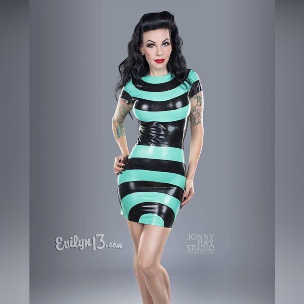 Black and Mint Green Latex Striped Dress